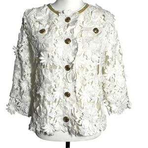 MICHAEL SIMON Women's Small White Floral Lace Embroidered Gold Button Jacket Top
